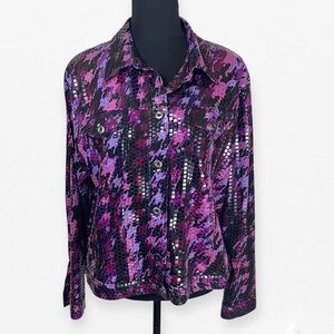 Notations Black, purple, pink Geometric camo pattern sequin Button Down Shirt L